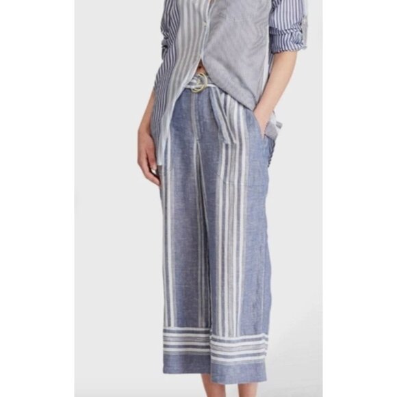 Lauren Ralph Lauren Womens 100% Linen Striped Wide Leg Pants Size 8 Blue SP NWT - Picture 1 of 12